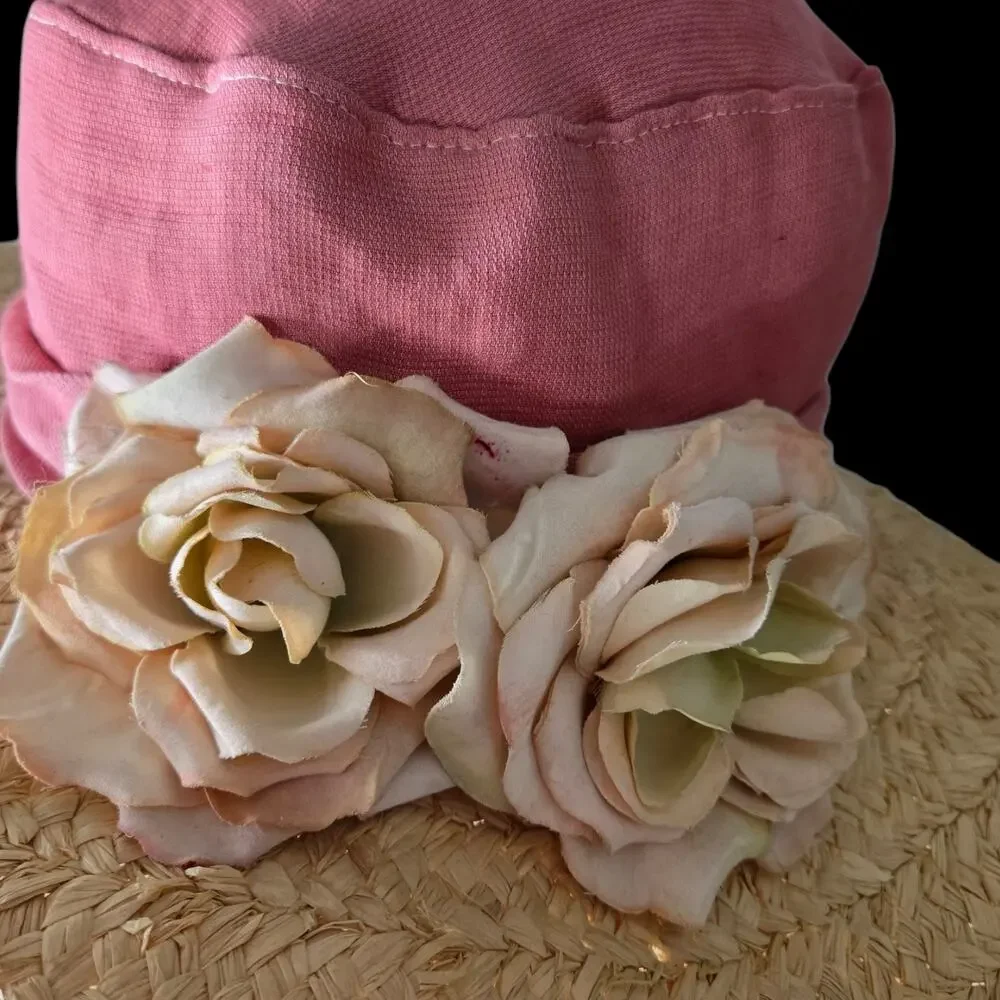 Vintage Hoodlums Ltd Floppy Sun Hat Pink Flowers Straw Brim Cottagecore One Size - Picture 9 of 16
